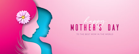 Happy Mother's Day Greeting Card Design with Spring Flower in Woman Face and Child Silhouette on Light Pink Background. Vector Mothers Day Illustration for Banner, Flyer, Postcard, Invitation, Poster, Brochureのイラスト素材