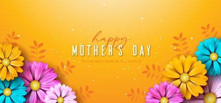 Happy Mother's Day Banner with Colorful Spring Flower and Typography Lettering on Yellow Background. Vector Mom Celebration Postcard Design with Symbol of Love for Greeting Card, Flyer, Invitation, Brochure, Posterのイラスト素材