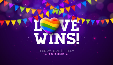Love Wins. Happy Pride Day LGBTQ Illustration with Rainbow Heart and Colorful Party Flag on Purple Background. 28 June Love is Love Human Rights or Diversity Concept. Vector LGBT Event Banner Design for Postcard, Banner, Greeting Card, Flyer, Invitation, Brochure, Posterのイラスト素材
