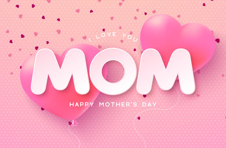 Happy Mother's Day Banner or Postcard with Hearts and Cut Out Mom Text Label on Pink Background. Vector Mommy Celebration Design with Symbol of Love for Greeting Card, Flyer, Invitation, Brochure, Posterのイラスト素材