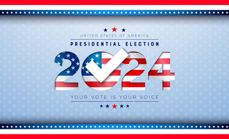 USA 2024 Presidential Election Banner Illustration with American Flag in Text Label on Light...