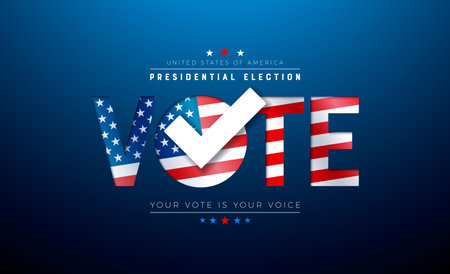 USA 2024 Presidential Election Banner Illustration with American Flag in Text Label on Blue Background. Vector Vote Day, November 5. United States Election Voting Design with Typography for Poster, Invitation or Web Campaignのイラスト素材