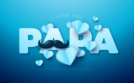Happy Father's Day Greeting Card Design with Mustache and Flying Paper Heart on Blue Background. Vector Celebration Illustration with I Love You Papa Cut Out Lettering. Template for Postcard, Greeting Card, Banner, Flyer or Posterのイラスト素材