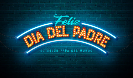Happy Father's Day Greeting Card Design with Glowing Neon Light and Bulb Billboard Lettering on Brick Wall Background. Feliz Dia del Padre Spanish Language Vector Celebration Illustration for Loved and Best Dad. Father's Day Template for Postcard, Banner, Flyer or Posterのイラスト素材