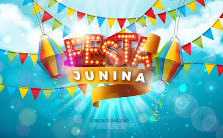 Festa Junina Illustration with Light Bulb Lettering, Party Flags and Paper Lantern on Blue Cloudy Background. Vector Brazil June Traditional Holiday Festival Design for Celebration Banner, Greeting Card, Invitation or Poster. Festa de Sao Joaoのイラスト素材