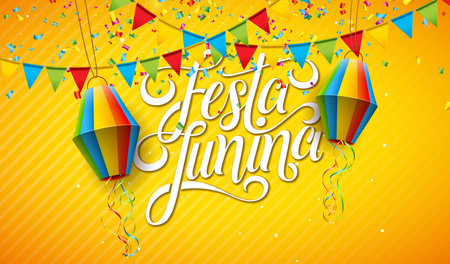 Festa Junina Illustration with Party Flags, Paper Lantern and Typography Letter on Yellow Background. Vector Brazil June Traditional Holiday Festival Design for Celebration Banner, Greeting Card, Invitation or Poster. Festa de Sao Joaoのイラスト素材