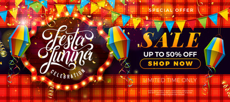 Festa Junina Sale Promotional Business Illustration with Paper Lantern, Party Flag and Glowing Neon Light Letter on Red Checkered Background. Vector Festa de Sao Joao Special Offer Illustration for Coupon, Voucher, Banner, Flyer, Poster, Invitation or Greeting Cardのイラスト素材