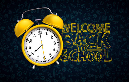 Back to School Design with Alarm Clock and Typography Lettering on Black Chalkboard Background. Vector School Education Illustration with Hand Drawn Doodles for Greeting Card, Banner, Flyer, Invitation, Brochure or Promotional Poster.のイラスト素材