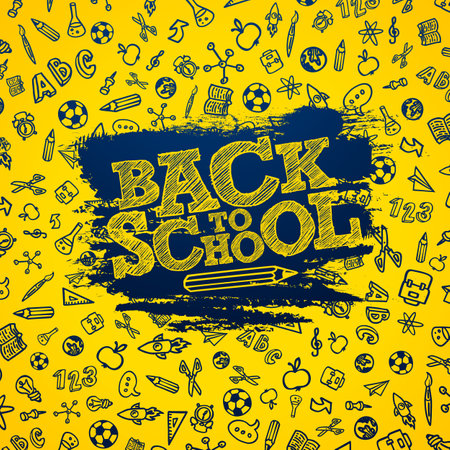 Back to School Design with Chalk Scribble and Typography Lettering on Yellow Hand Drawn Doodles Background. Vector School Education Illustration for Greeting Card, Banner, Flyer, Invitation, Brochure or Promotional Poster.のイラスト素材