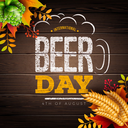 International Beer Day Design with Beer Mug Symbol and Barley Ears on Vintage Wood Background. August 4 Vector Cheers Celebration Holiday Illustration with Typography Letter for Banner, Greeting Card, Flyer, Promotional Poster, Invitation or Brochure.のイラスト素材