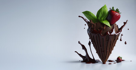 Delicious splash ice cream cone design with strawberry and lemon leaf. Clean background and space for text. Illustration for Banner, Invitation, Greeting Card or Poster. Ai Generated.の素材