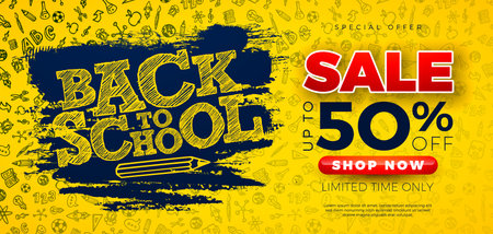 Back to School Sale Design with Chalk Scribble and Typography Lettering on Yellow Hand Drawn Doodles Background. Vector Business Concept Illustration with Special Offer Elements for Coupon, Voucher, Banner, Flyer, Promotional Poster, Invitation or Greeting Card.のイラスト素材