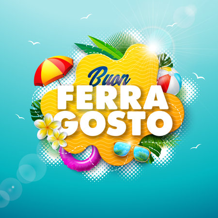 Buon Ferragosto Italian Summer Festival Design with Flower, Summer Holiday Elements and Typography Letter on Abstract Yellow Background. Vector Italian Language Illustration for Banner, Flyer, Invitation, Brochure, Poster or Greeting Card.のイラスト素材
