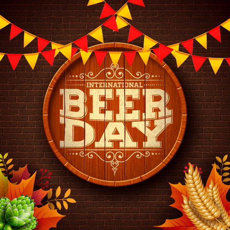 International Beer Day Design with Freshly Tapped Beer in the Mug, Barrel and Party Flag on Brick Wall Background. August 4 Vector Cheers Celebration Holiday Illustration with Typography Letter for Banner, Greeting Card, Flyer, Promotional Poster, Invitation or Brochure.のイラスト素材