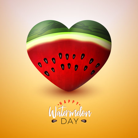 National Watermelon Day Design with Fresh Melon Slices in Heart Shape on Yellow Background. Vector August 3 National Celebration Holiday Illustration with Tropical Fruit and Typography Letter for Banner, Greeting Card, Flyer, Promotional Poster, Invitation or Brochure...のイラスト素材