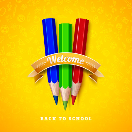 Back to School Design with Colorful Pencil and Typography Lettering in Ribbon on Yellow Hand Drawn Doodles Background. Vector School Illustration for Greeting Card, Banner, Flyer, Invitation, Brochure or Promotional Poster.のイラスト素材