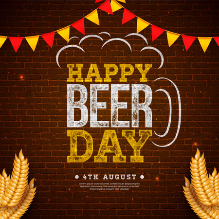 International Beer Day Design with Symbols of Freshly Tapped Beer in the Mug, Barley Ears and Party Flag on Brick Wall Background. August 4 Vector Cheers Celebration Holiday Illustration with Typography Letter for Banner, Greeting Card, Flyer, Promotional Poster, Invitation or Brochure.のイラスト素材