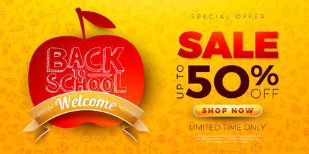 Back to School Sale Design with Apple Symbol and Typography Lettering on Hand Drawn Doodles Background. Vector Education Business Concept Illustration with Special Offer Elements for Coupon, Voucher, Banner, Flyer, Promotional Poster, Invitation or Greeting Card.のイラスト素材