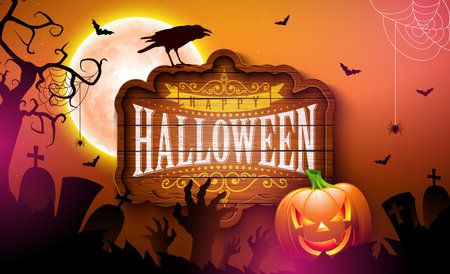 Happy Halloween Vector Illustration with Moon, Pumpkin, Crow, Flying Bats, Spider and Typography Lettering on Vintage Wood Billboard Background. Holiday Design for Banner, Greeting Card, Celebration Poster, Party Invitation.のイラスト素材