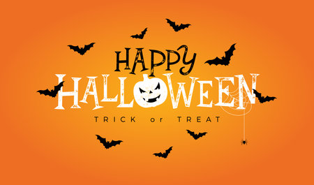 Happy Halloween Vector Illustration with Scary Pumpkin, Flying Bats and Typography Lettering on Orange Background. Holiday Design for Banner, Greeting Card, Celebration Poster, Party Invitation.のイラスト素材