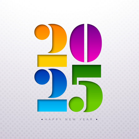 Happy New Year 2025 Illustration with Colorful Typography Lettering on White Background. Holiday Design for Flyer, Banner, Greeting Card, Celebration Poster, Party Invitation, Calendar and Social Media Post.のイラスト素材