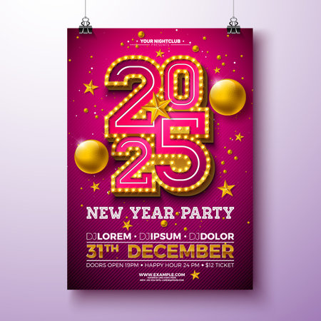 Happy New Year 2025 Party Celebration Poster Template Illustration with Glowing Light Bulb Billboard Number and Christmas Ball on Red Background. Vector New Year Eve Holiday Design. Premium Invitation Flyer or Promo Banner.のイラスト素材