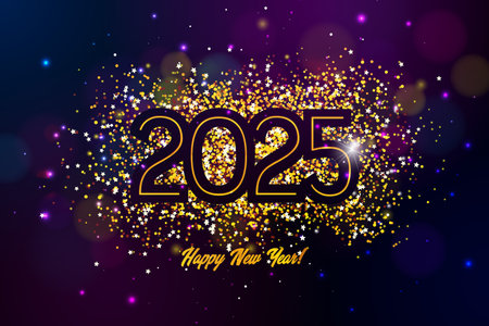 2025 Happy New Year Illustration with Gold Glittered Number and Falling Confetti on Dark Background....