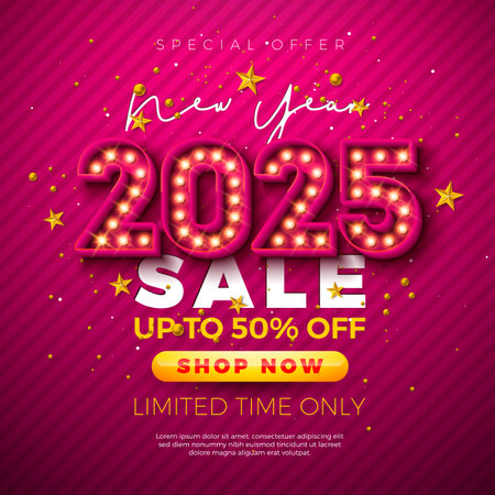 Happy New Year Sale 2025 Design with 3d Glowing Light Bulb Billboard Typography Lettering and Christmas Ornament on Red Background. Holiday Special Offer Campaign Discount Illustration for Coupon, Voucher, Banner, Flyer, Promotional Poster.のイラスト素材