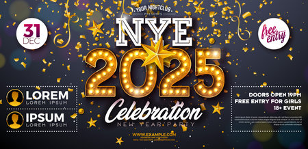 Happy New Year 2025 Party Celebration Banner Template Illustration with Glowing Light Bulb Billboard Number on Black Background. Vector New Year Eve Holiday Poster Design. Premium Invitation Flyer or Promo Banner.