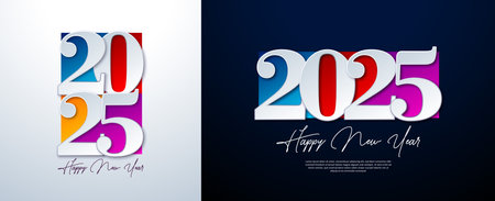 Happy New Year 2025 Illustration Set with Colorful Typography Lettering on White and Black...