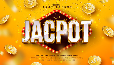 Jackpot 3D Text Effect Design Editable and Scalable Vector Graphic Style Effect with Shadow and Gold White Typography Lettering, Casino Coin and Falling Confetti on Shiny Yellow Background. Premium Luxury Illustration Template for Greeting Card, Flyer, Banner, Celebration Poster or Party Invitation.のイラスト素材