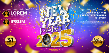 Happy New Year 2025 Party Celebration Banner Template Illustration with Golden 3d Typography Lettering and Speaker on Falling Confetti Background. Vector New Year Eve Holiday Flyer Design. Premium Invitation or Promo Poster.のイラスト素材