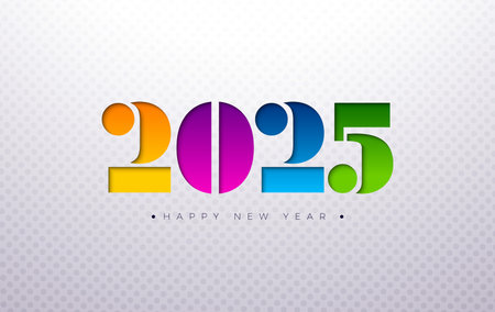 Happy New Year 2025 Illustration with Colorful Typography Lettering on White Background. Holiday Design for Flyer, Banner, Greeting Card, Celebration Poster, Party Invitation, Calendar and Social Media Post.のイラスト素材