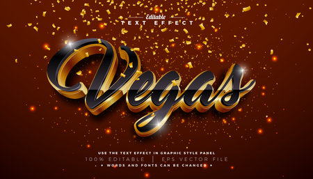 Vegas 3D Text Effect Design Editable and Scalable Vector Graphic Style Effect with Gold and Black Typography Lettering and Falling Confetti on Shiny Background. Premium Luxury Casino Illustration Template for Greeting Card, Flyer, Banner, Celebration Poster or Party Invitation.のイラスト素材