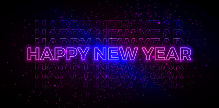 Happy New Year Illustration with Glowing Neon Light Typography Lettering on Dark Background. Vector Christmas Holiday Season Design for Flyer, Greeting Card, Banner, Celebration Poster, Party Invitation, Calendar and Social Media Post.のイラスト素材