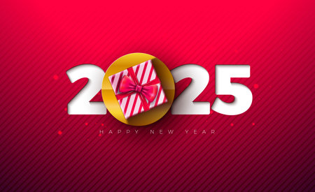 Happy New Year 2025 Illustration with Golden Number and Gift Box on Red Background. Holiday Design for Flyer, Greeting Card, Banner, Celebration Poster, Party invitation, Calendar and Social Media Post.のイラスト素材