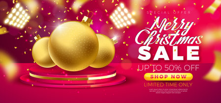 Christmas Sale Design with Ornamental Ball and Stage Podium on Red Background. Holiday Vector Business Illustration with Special Offer Typography Elements for Coupon, Voucher, Banner, Flyer, Promotional Poster or Greeting Card.のイラスト素材