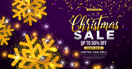 Christmas Sale Design with Light Garland and Glittered Snowflake on Dark Purple Background. Holiday Vector Business Illustration with Special Offer Typography Elements for Coupon, Voucher, Banner, Flyer, Promotional Poster or Greeting Card.のイラスト素材