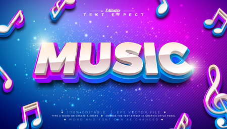 Music 3D Text Effect Design Editable and Scalable Vector Graphic Style Effect with Blue and Magenta Gradient Typography Lettering and Shadow on Striped Background. Premium Illustration Template With Musical Notes for Greeting Card, Flyer, Banner, Celebration Poster or Party Invitation.のイラスト素材