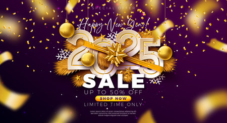 Happy New Year Sale 2025 Design with Number, Christmas Ball, Pine Branch and Falling Confetti on Violet Background. Holiday Special Offer Campaign Discount Illustration for Coupon, Voucher, Banner, Flyer, Promotional Poster.のイラスト素材
