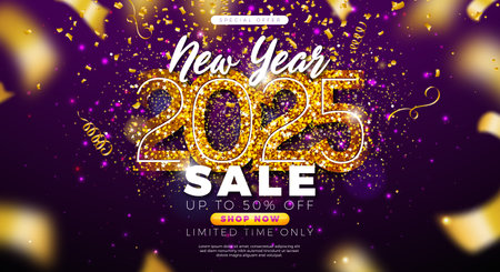 Happy New Year Sale 2025 Design with Gold Glittered Typography Lettering and Falling Confetti on...
