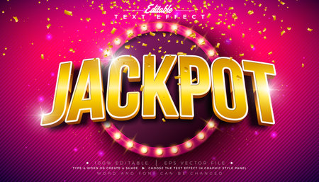 Jackpot 3D Text Effect Design Editable and Scalable Vector Graphic Style Effect with Light Bulb Billboard and Gold Typography Lettering, Falling Confetti on Shiny Yellow Background. Premium Luxury Illustration Template for Greeting Card, Flyer, Banner, Celebration Poster or Party Invitation.のイラスト素材