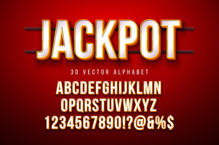 Vector 3d Alphabet Font Set with Frame Box and Shadow on Red Background. Modern Typeface Design Collection with ABC, Number and Special Characters for Banner, Poster or Invitation. Layered Separated Characters.のイラスト素材