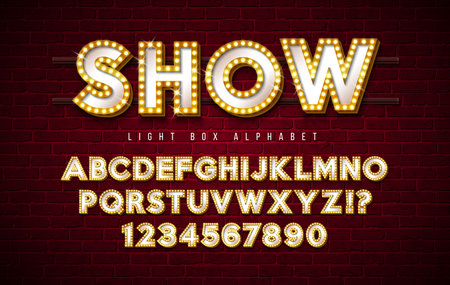 Light Bulb Alphabet with Gold Frame Box and Shadow on Vintage Brick Wall Background. Glowing Retro Vector Font Collection with Shiny Bright Lights. ABC and Number Design for Casino, Night Club or Cinema. Layered Separated Characters.のイラスト素材