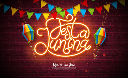 Festa Junina Illustration with Party Flags and Paper Lantern and Glowing Neon Light Letter on Vintage Brick Wall Background. Vector Brazil June Sao Joao Festival Design with Typography for Banner, Greeting Card, Invitation or Holiday Posterのイラスト素材