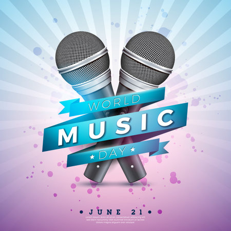 World Music Day Banner Illustration with Microphone and Typography Letter on Shiny Light Background. Vector International June 21 Festival Design Template for Post Card, Greeting Card, Holiday Poster, Flyer or Invitation.のイラスト素材