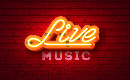 Live Music Festival Banner Illustration with Glowing Neon Light Signboard and Typography Letter on Vintage Brick Wall Background. Vector Musical Celebration Design Template for Post Card, Greeting Card, Holiday Poster, Flyer or Invitation.