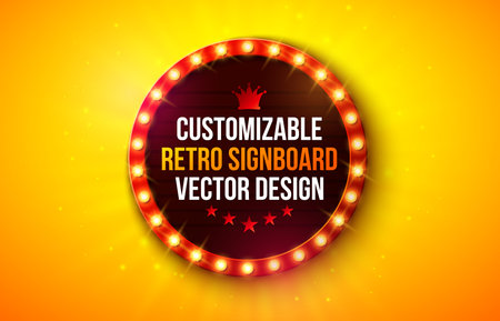 Retro Signboard Lightbox Banner Design with Glowing Light Bulb Frame Billboard on Shiny Yellow Background. Vector Customizable Marquee Sign Illustration for Casino Advertising, Theater Show, Broadway Night Events, Cinema or Circus Project.のイラスト素材