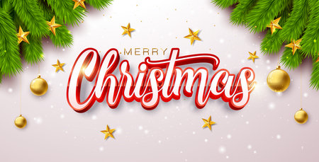 Merry Christmas and Happy New Year Greeting Card Banner with Fir Branch and 3d Typography Lettering on White Background. Vector Holiday Season Design with Decoration Elements for Party Flyer, Celebration Poster and Social Media Post.のイラスト素材
