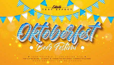 Oktoberfest 3D Editable Text Effect Design with Bavaria Flag Pattern Typography and Party Flag on Yellow Background. Traditional Germany Festival Scalable Vector Graphic Style Illustration Template for Greeting Card, Flyer, Banner, Celebration Poster or Party Invitation.のイラスト素材